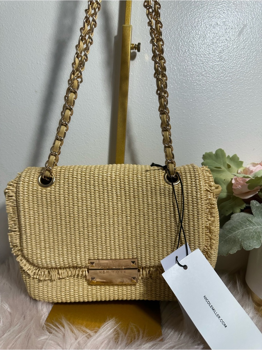 Nicole Miller Natural Straw Shoulder Bag with Gold Chain